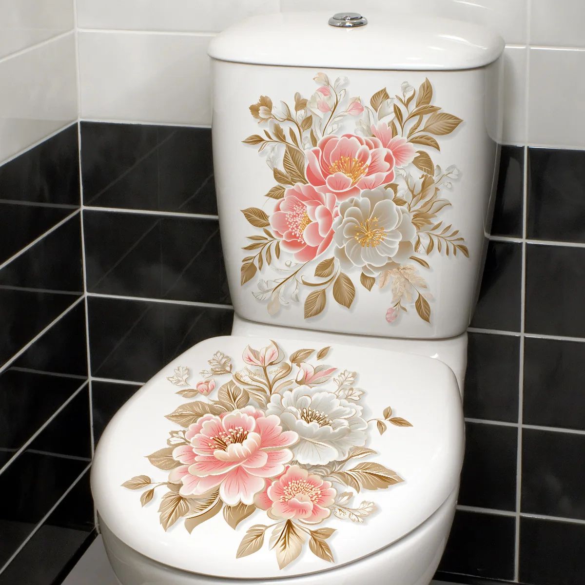 Golden Flower Toilet Lid Sticker – Waterproof Vinyl Bathroom Decor Decal