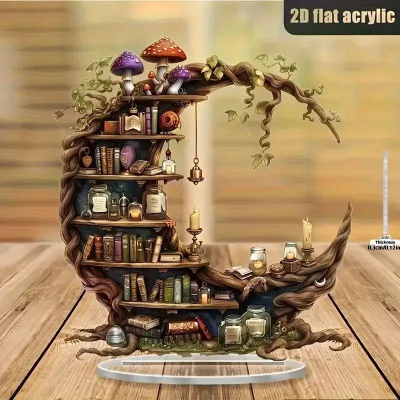 Bohemian Moon Acrylic Bookshelf Decor – 2D Crystal Shelf with Fairy Light Display for Desktop Styling