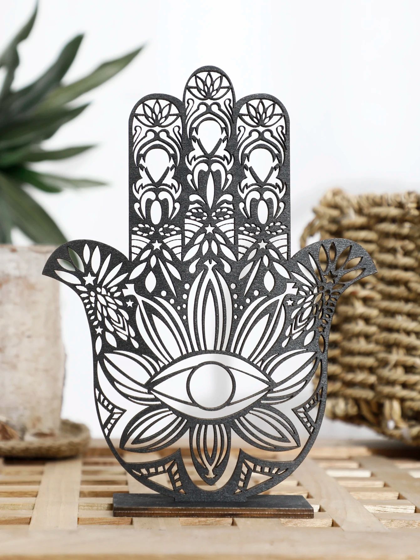 Elegant Black Hamsa Hand Evil Eye Desk Decor – Wooden Good Luck Protection Ornament for Home & Office
