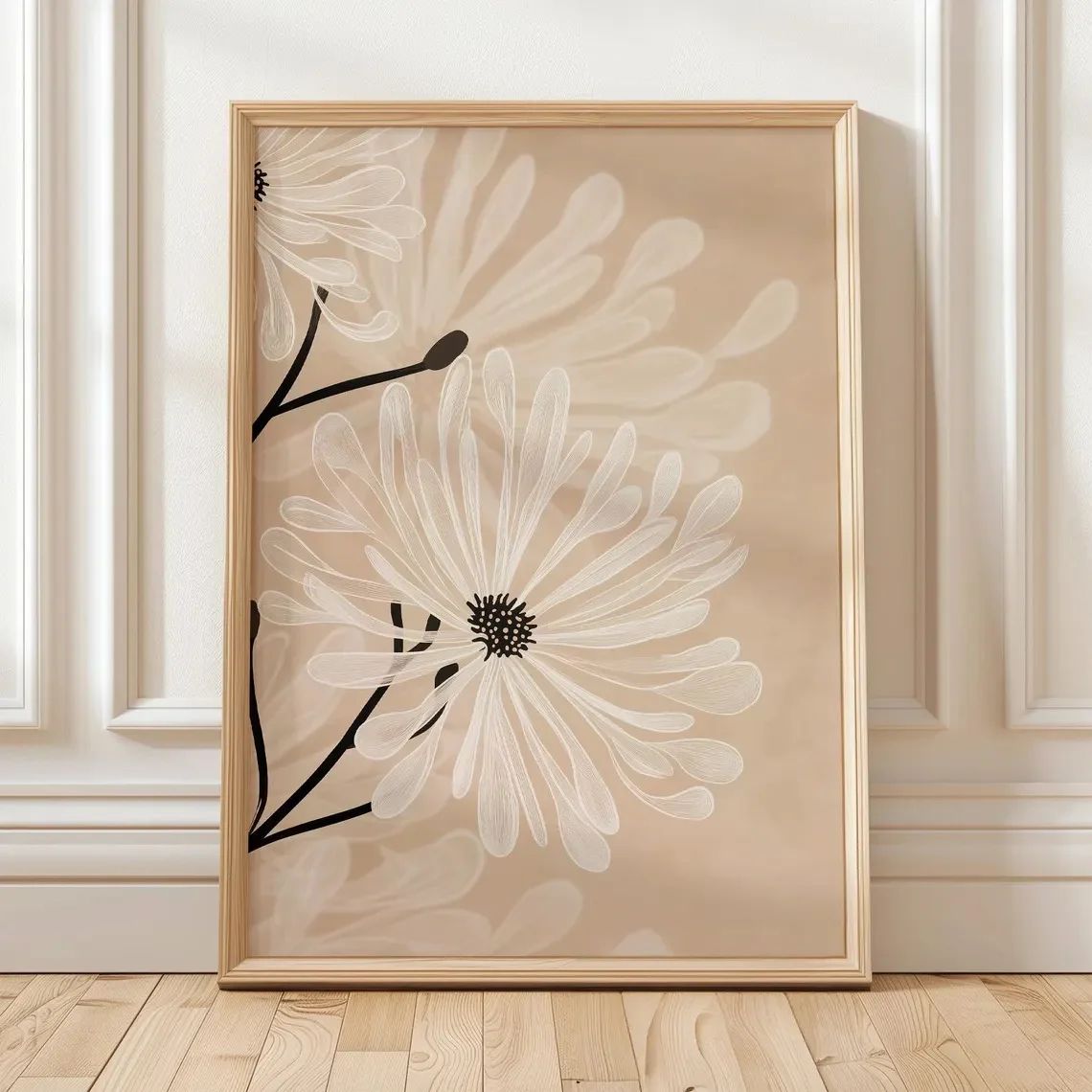 Retro Beige Floral Canvas Wall Art – Minimalist Botanical Line Print for Modern Home Decor