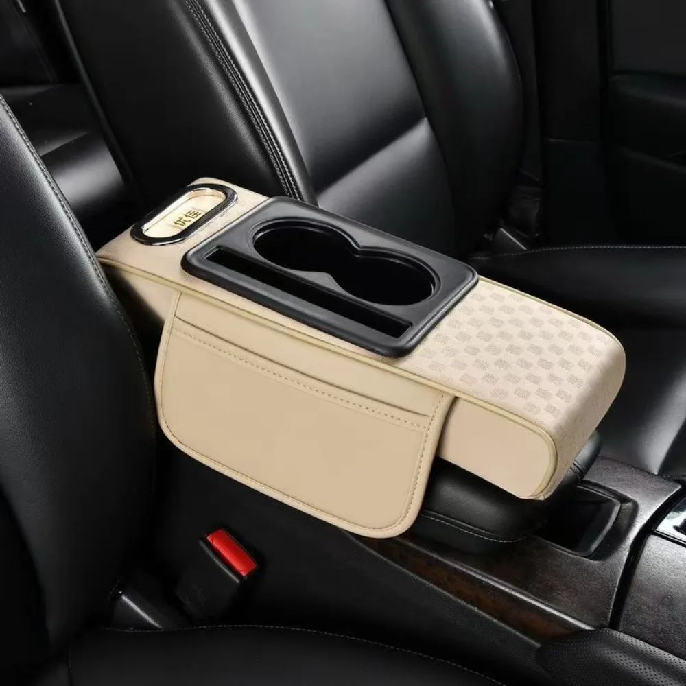 Universal Car Center Console Armrest Cushion – PU Leather Height Increasing Armrest Pad with Cup Holder & Tissue Box
