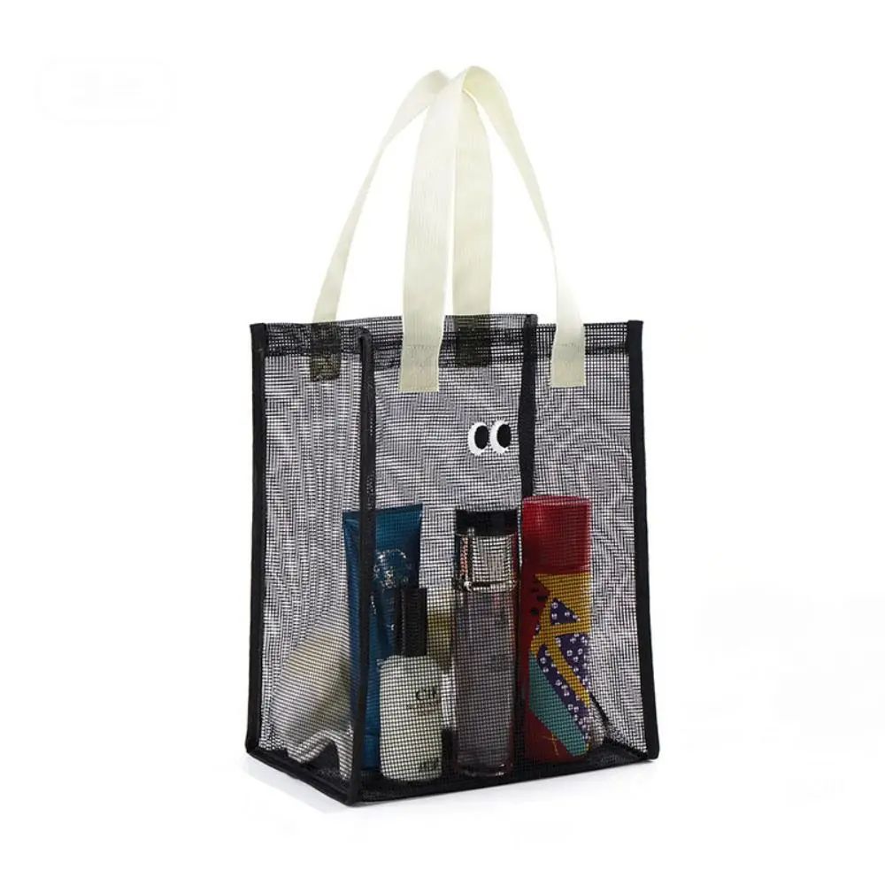 Travel Mesh Beach Tote Bag Large Capacity Cosmetic Wash Bag – Cartoon Big Eyes Portable Storage Handbag for Women Kids