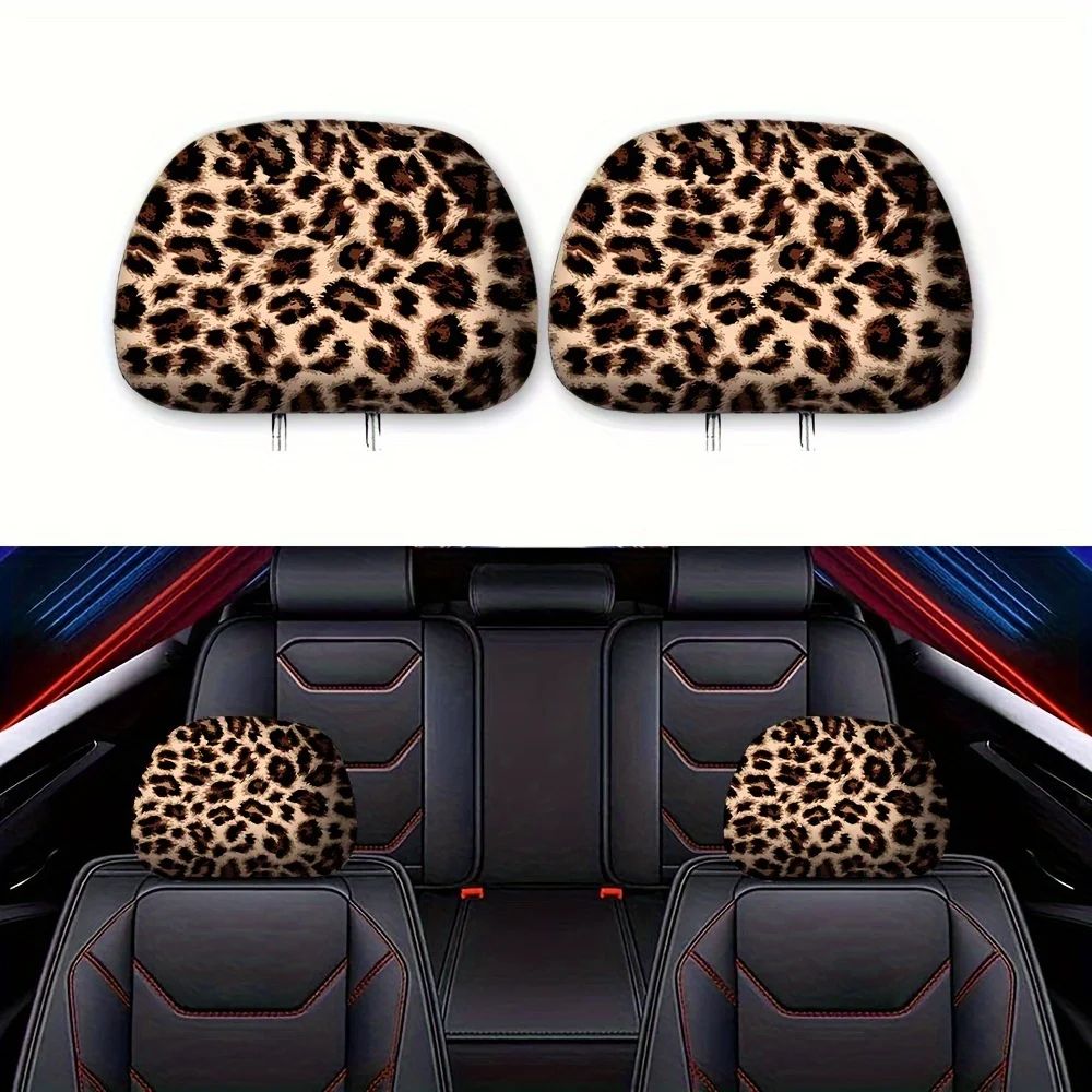 2 pcs Leopard Print General Motors Headrest Covers โ Soft Universal Car Seat Headrest Protectors for Stylish Interior