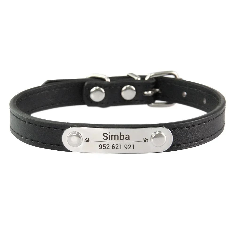 Personalized Dog Collar with Engraved Name Plate – Adjustable PU Leather ID Collar for Dogs & Cats