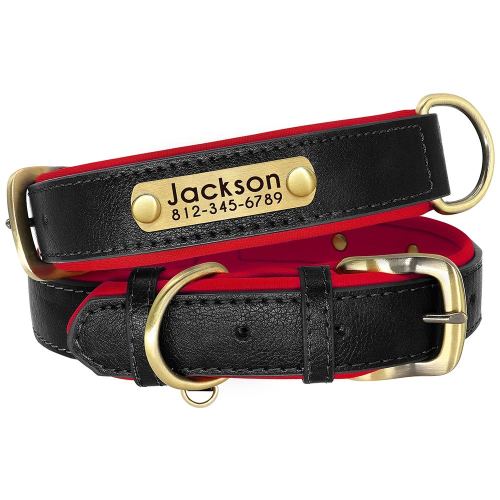 Personalized PU Leather Dog Collar with Engraved Nameplate – Soft Padded Adjustable Collar for Small, Medium & Large Dog