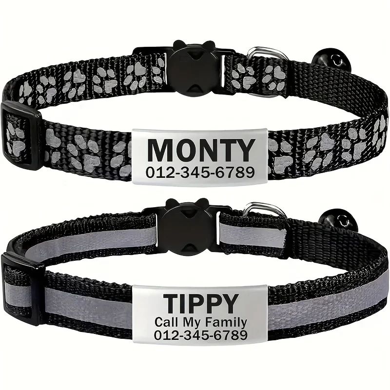 Personalized Reflective Cat & Puppy Collar Set – Custom Engraved ID Safety Buckle Nylon Pet Collar with Free Name Tag
