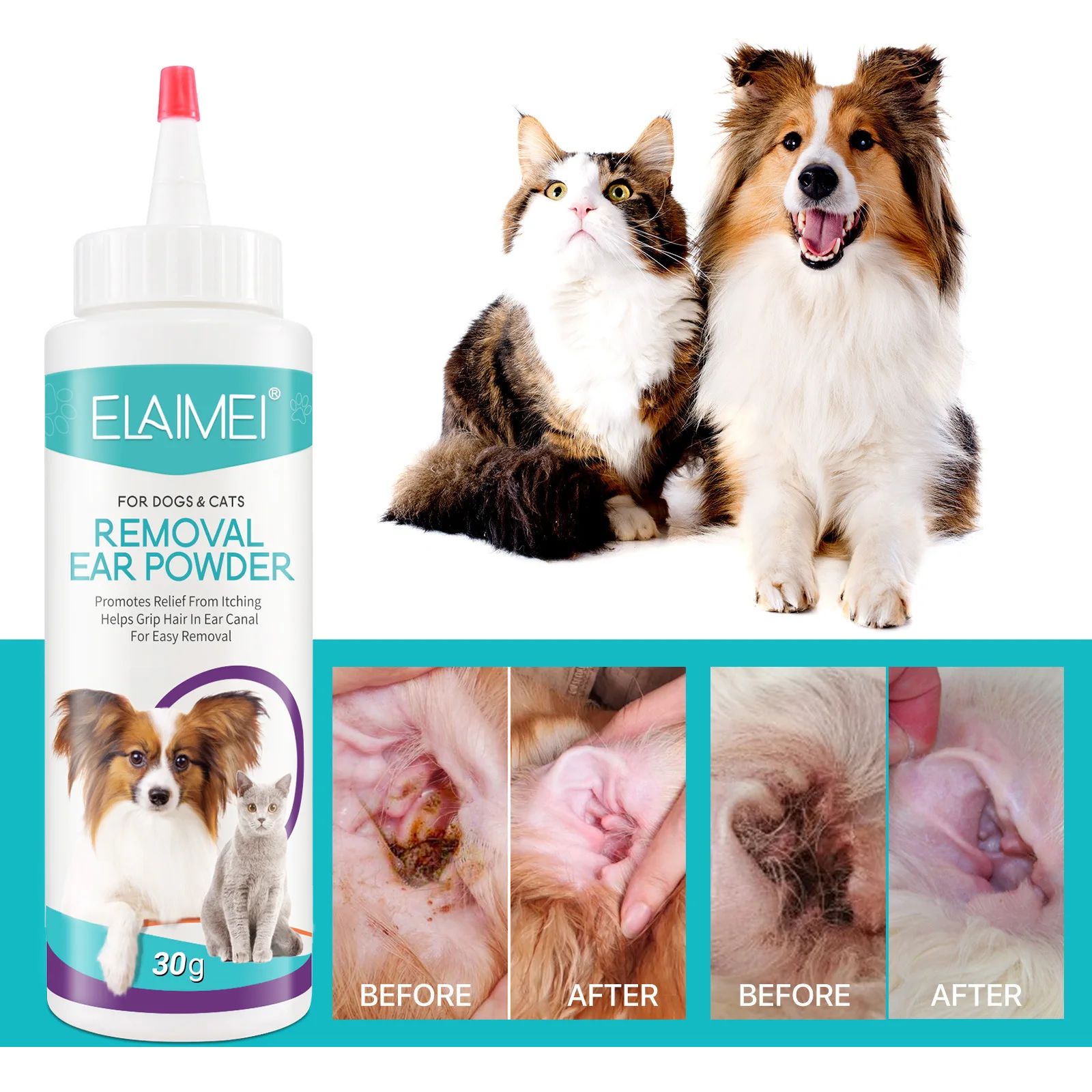 Pet Ear Hair Removal Powder for Dogs & Cats – Ear Cleaning Powder for Ear Wax, Odor & Itch Relief