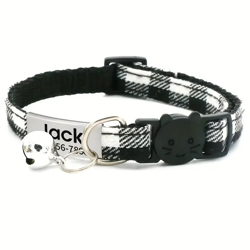 Custom Engraved Plaid Pet Collar - Adjustable Breakaway Cat & Puppy Collar with Personalized ID Tag and Bell