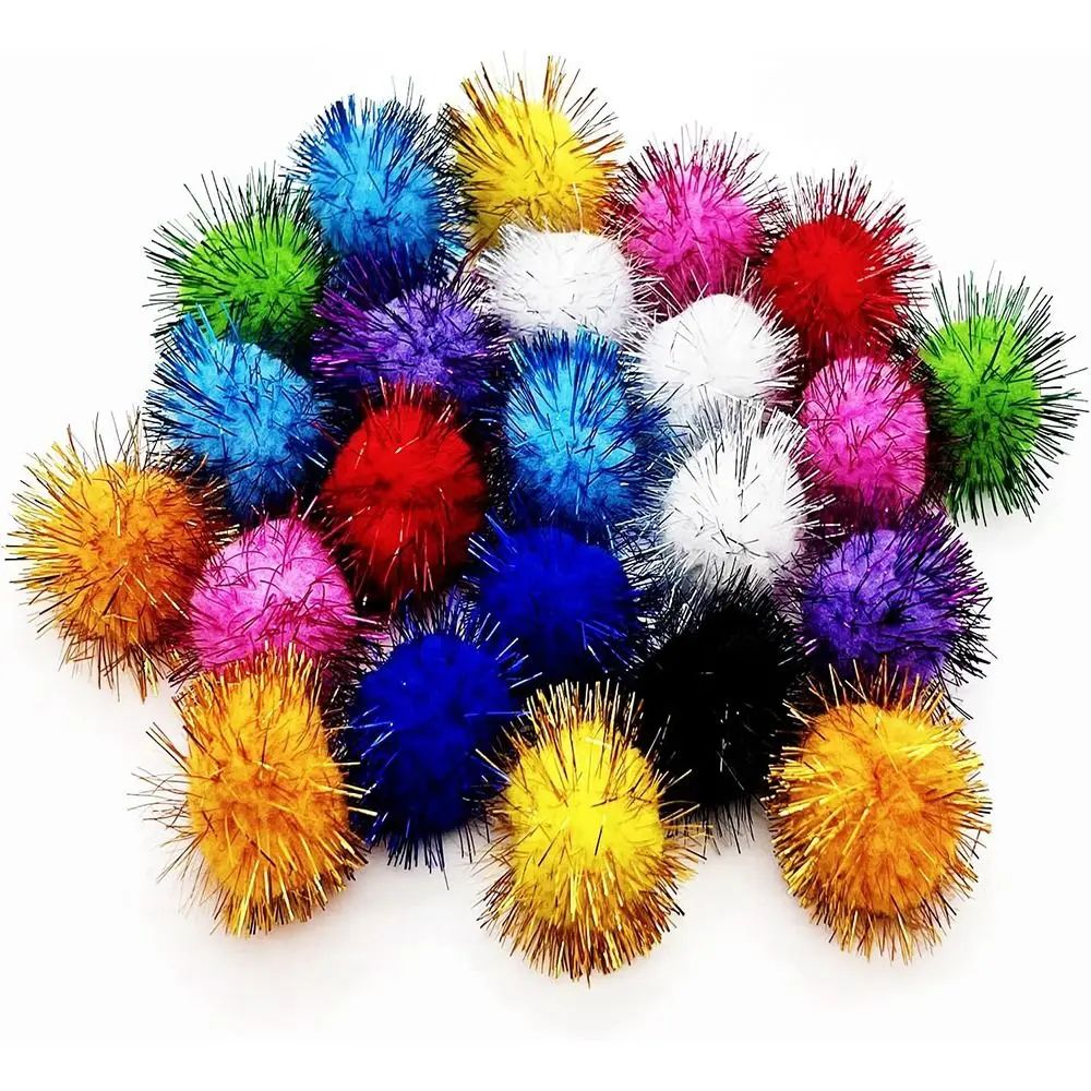 50 pcs Cat Sparkle Balls Set - 1 in Plush Interactive Pom Pom Toy Balls for Cats and Kittens
