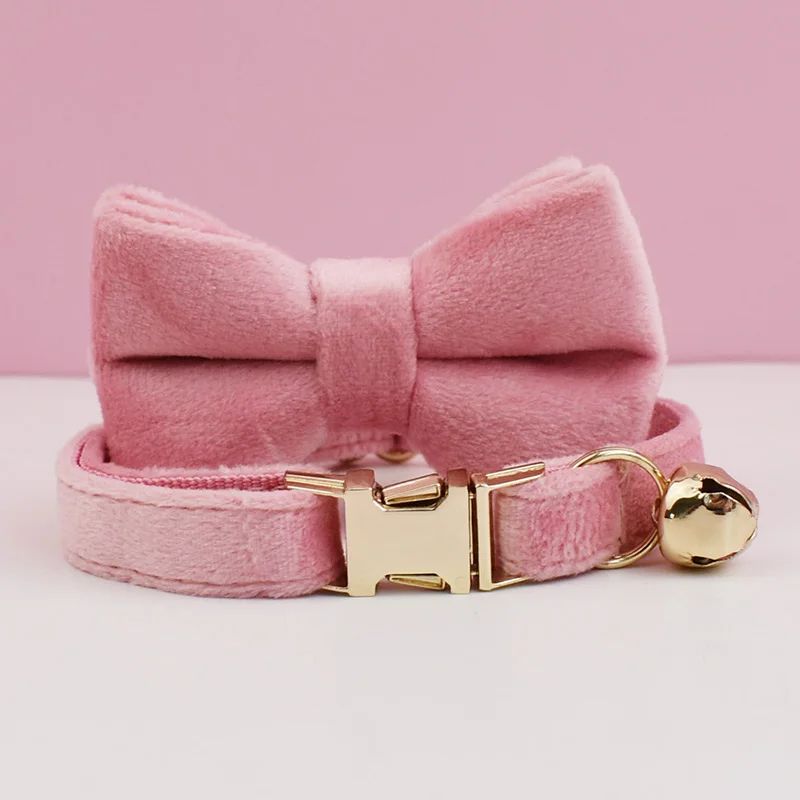 Luxury Personalized Velvet Cat Collar with Engraved Name Plate, Bow Tie & Bell – Custom Soft Adjustable Pet Collar