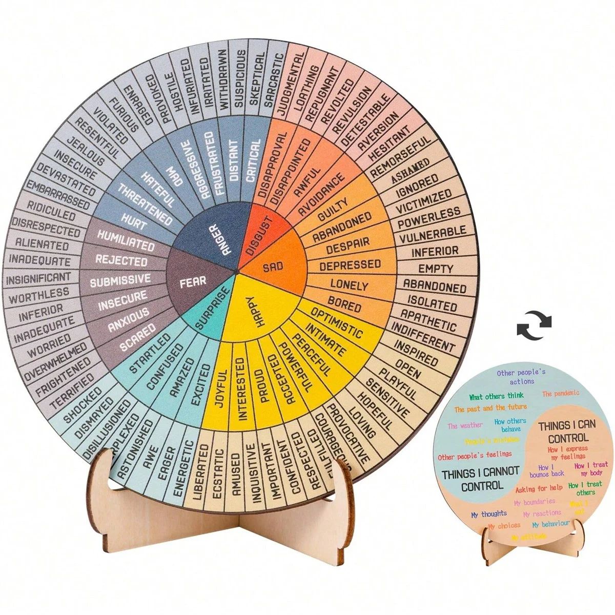 Wooden Feelings Wheel Therapy Desk Decor – Double-Sided Mental Health Emotions Chart with Stand for Office & Home