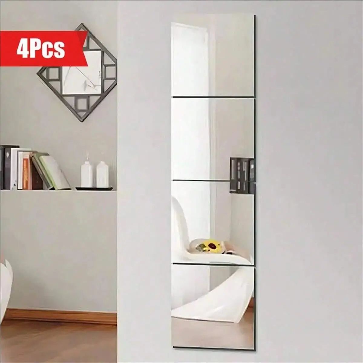4 pcs Self-Adhesive Acrylic Mirror Wall Stickers – Flexible Non-Glass Decorative Mirror Tiles for Home Decor