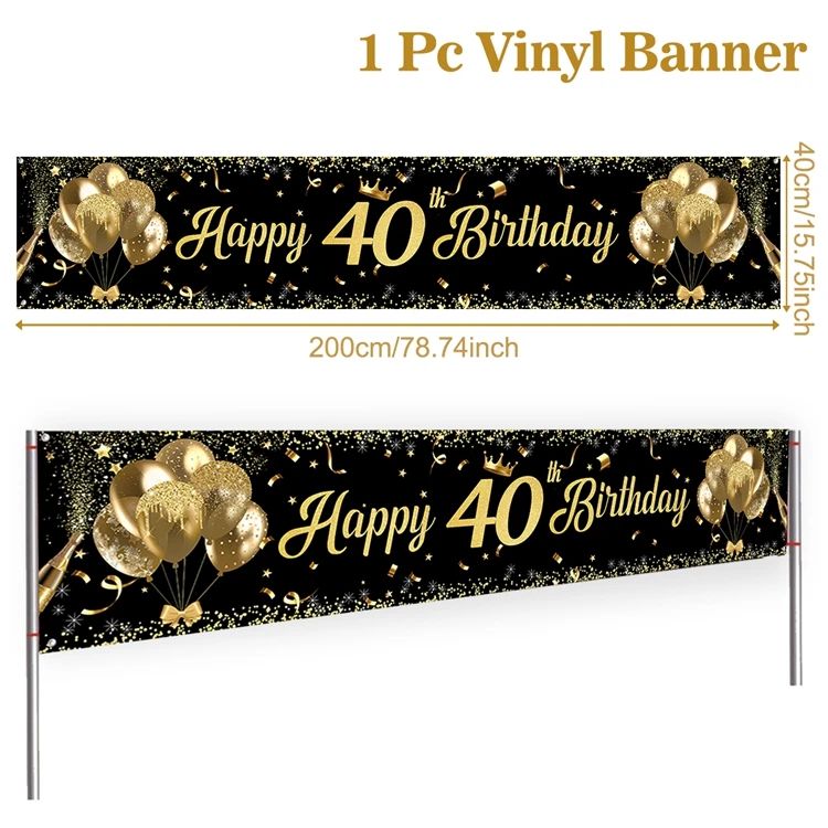 Gold Glitter Birthday Banner Decorations –Black & Pink PVC Party Banner for 18th, 30th, 40th & 50th Birthday Celebration