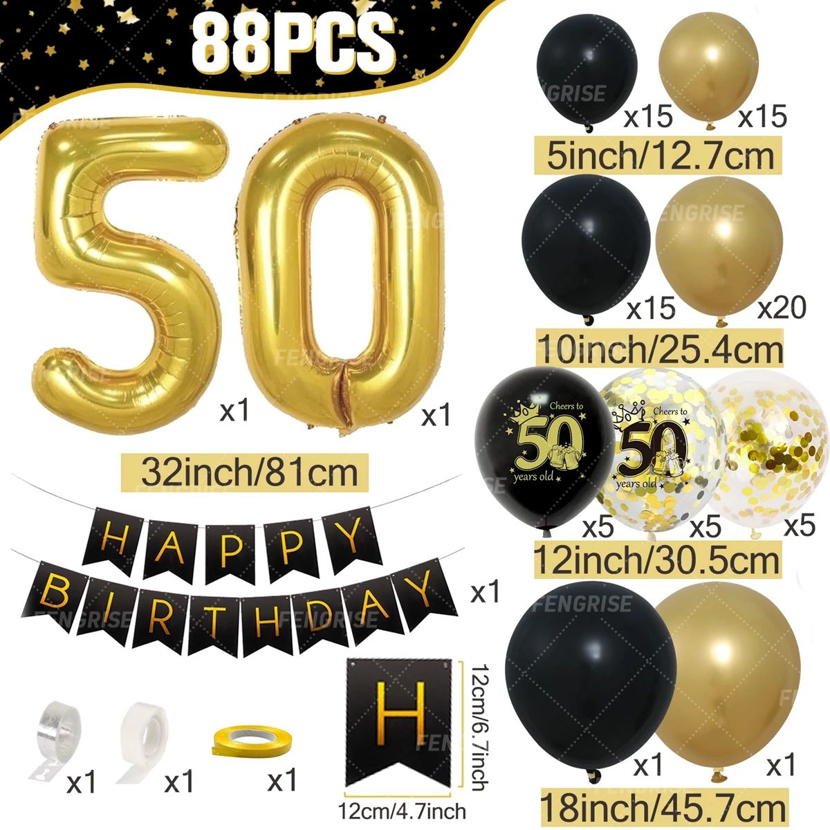 Black & Gold Balloon Garland Arch Kit – Happy Birthday Balloon with Confetti Latex Balloons for 18th, 30th, 40th & 50th