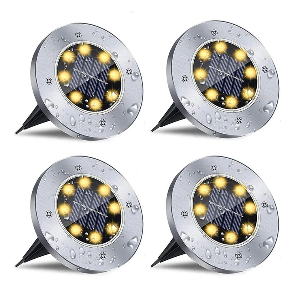 4pcs 8 LED Solar Disk Ground Lights – Waterproof Outdoor Buried Landscape Pathway, Deck & Garden Spotlights