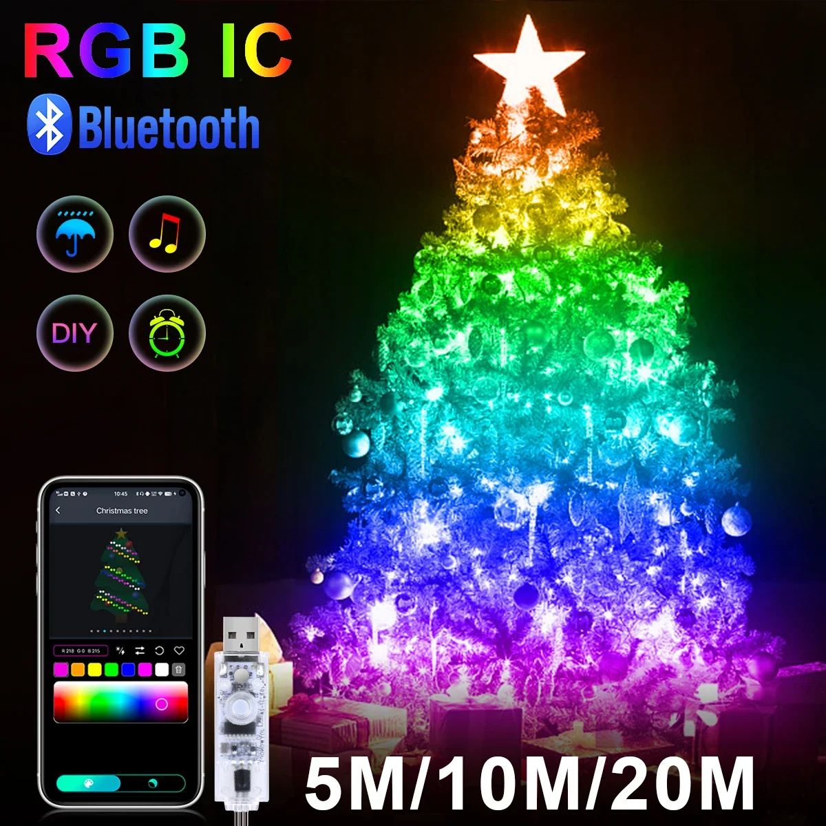 RGBIC WS2812B Bluetooth LED String Lights – USB 5V Music Sync Fairy Lights with App Control, IP65