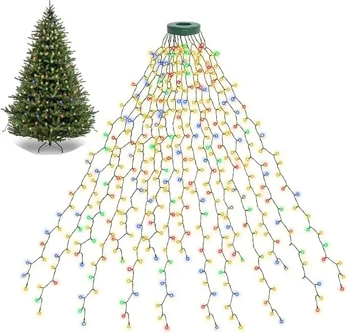 4.9 ft./6.6 ft./9.8 ft. LED Ring Christmas Tree Lights – Waterproof 8-Mode Waterfall String Lights for Indoor & Outdoor