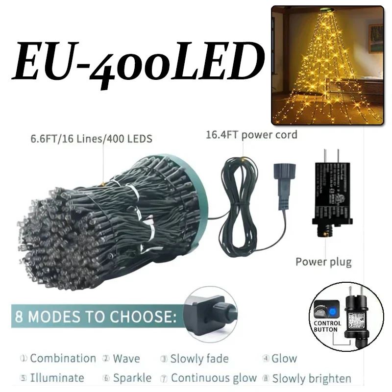 400 LED Christmas Tree Topper Star Waterfall Fairy String Lights – 8 Modes, Timer & Memory, Indoor/Outdoor Decor