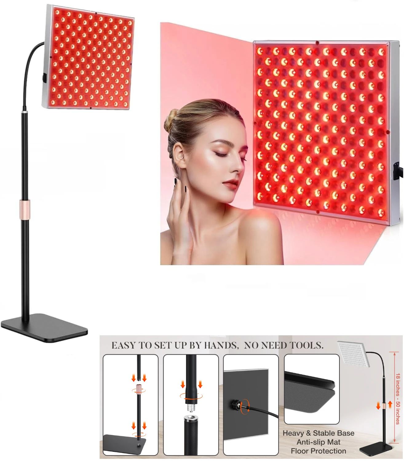 Red Light Therapy Lamp 660 nm & 850 nm – 150 LED Near Infrared Panel with Adjustable Stand for Face & Full Body Care