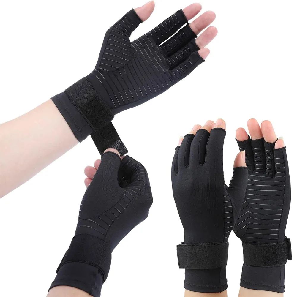 1 Pair Compression Arthritis Gloves with Wrist Strap – Fingerless Support Gloves for Carpal Tunnel, Typing & Hand Relief