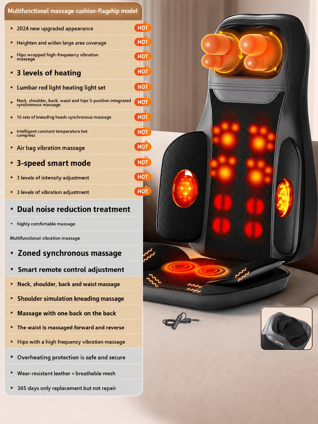Full Body Massage Seat Cushion with Heat & Vibration – Heated Back Massage Chair Pad for Home Office Car Relaxation