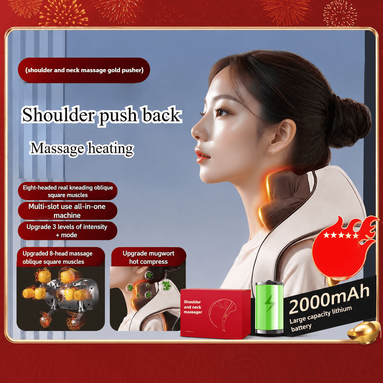 Wireless 8-Head Neck & Shoulder Massager with Heat – Rechargeable Deep Tissue Kneading Massage Shawl for Back Relief