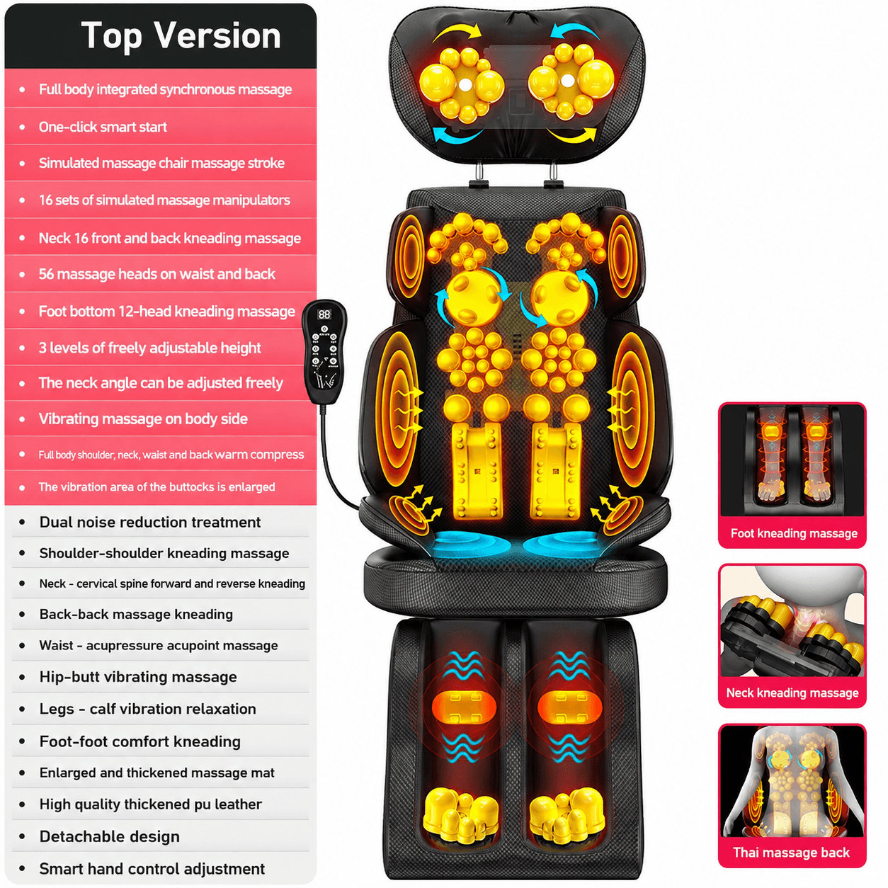 Shiatsu Neck and Back Massager with Heat Adjustable Chair Pad – Full Body Kneading Massage Seat Cushion for Home & Offi