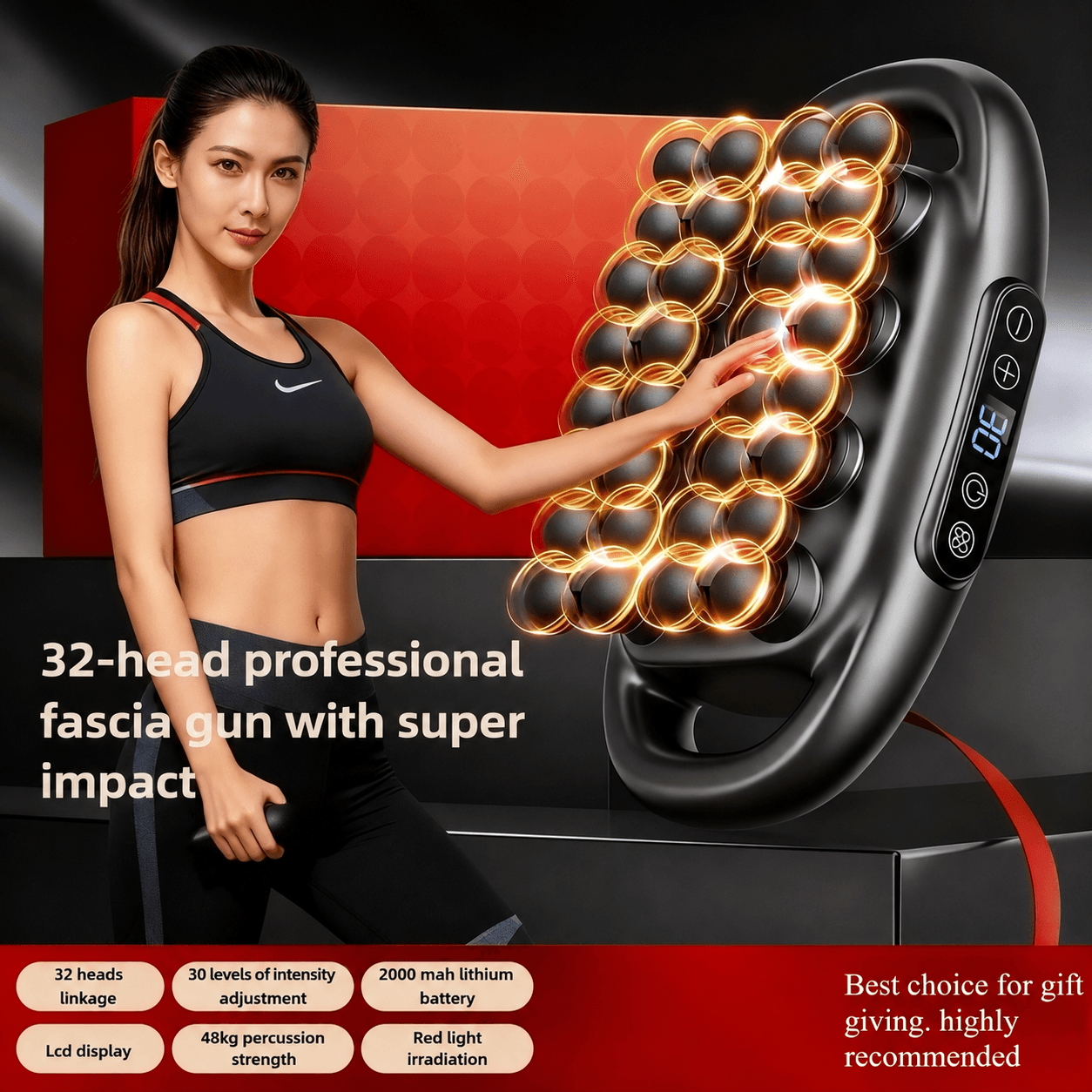 32-Head Deep Tissue Massage Gun with Red Light Therapy – Wireless Percussion Muscle Massager with 30 Speed Levels