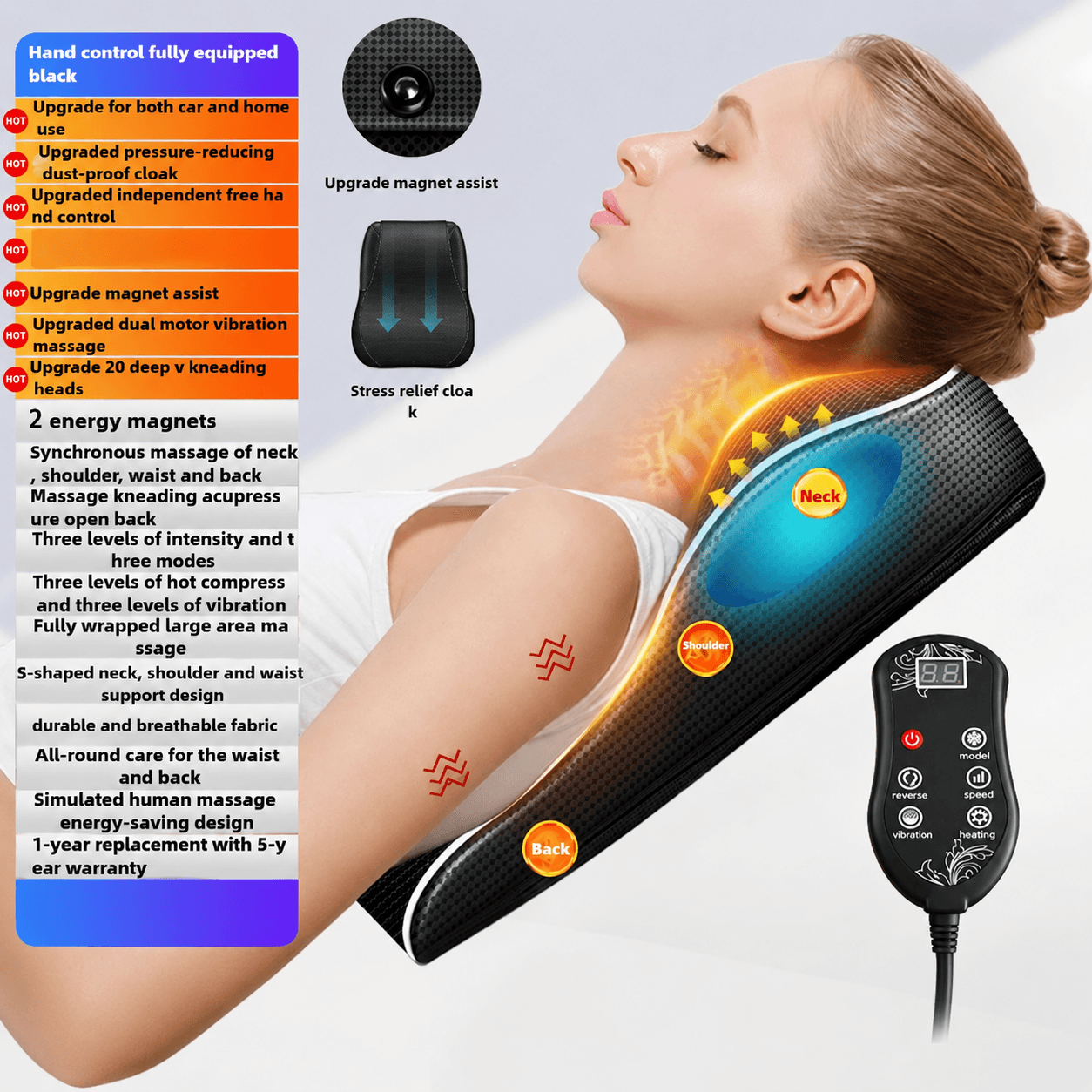 Electric Heated Neck & Shoulder Massager Pillow – Deep Kneading Cervical Back Waist Massage Cushion for Home & Car Use