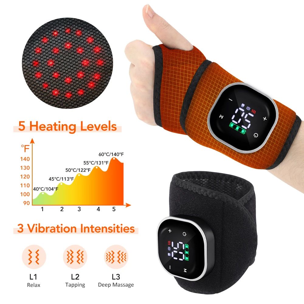 Cordless Infrared LED Wrist Wrap with Heat & Vibration – 660nm 850nm Light Therapy Hand Brace for Joint Support