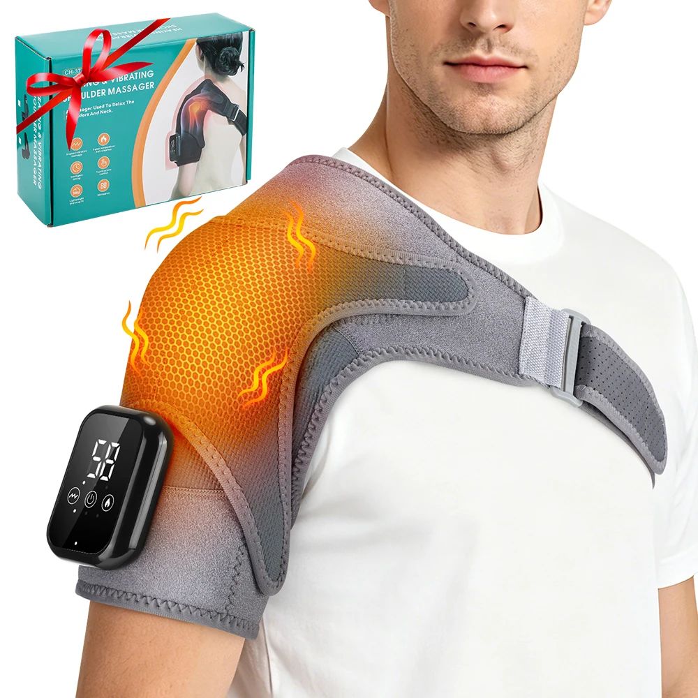 Cordless Heated Shoulder Massager with Vibration – Rechargeable Shoulder Heating Pad Brace for Pain Relief & Recovery