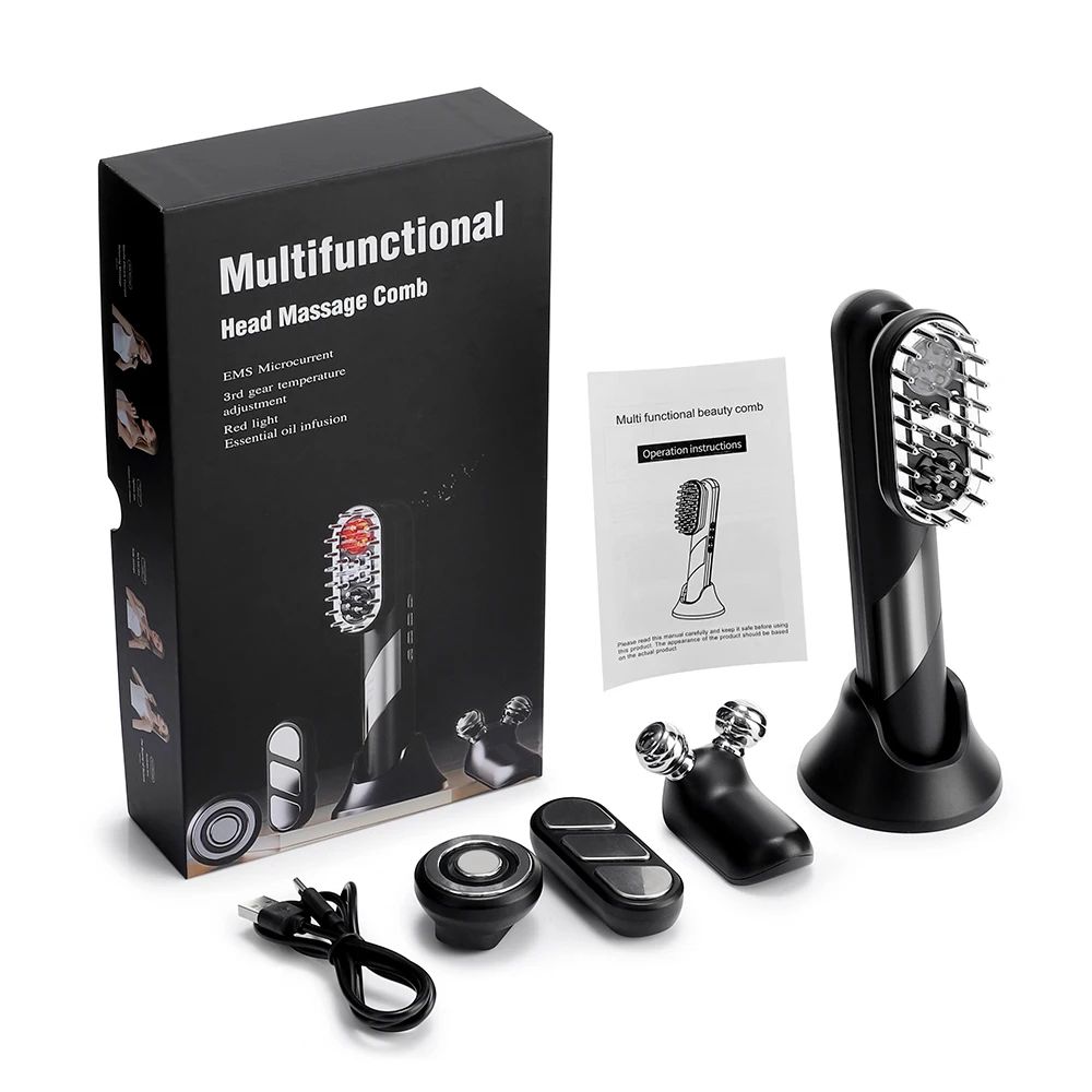 4-in-1 EMS Scalp Massage Comb with Red Light Therapy – Electric Hair Growth & Face Body Massager with Heat