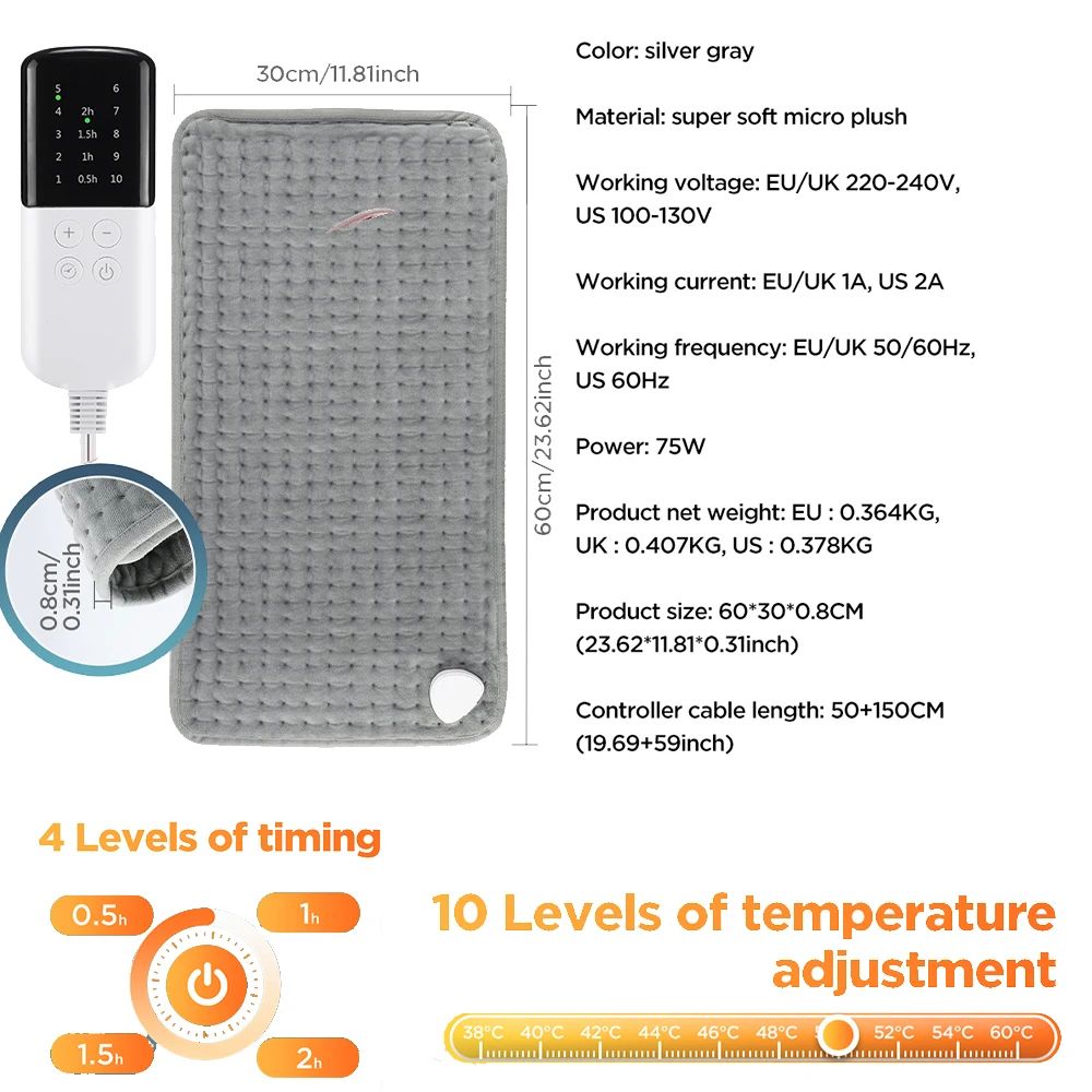 Electric Heating Pad for Back, Abdomen & Legs – Super Soft Heated Blanket with 9 Heat Levels & Auto Shut-Off Timer