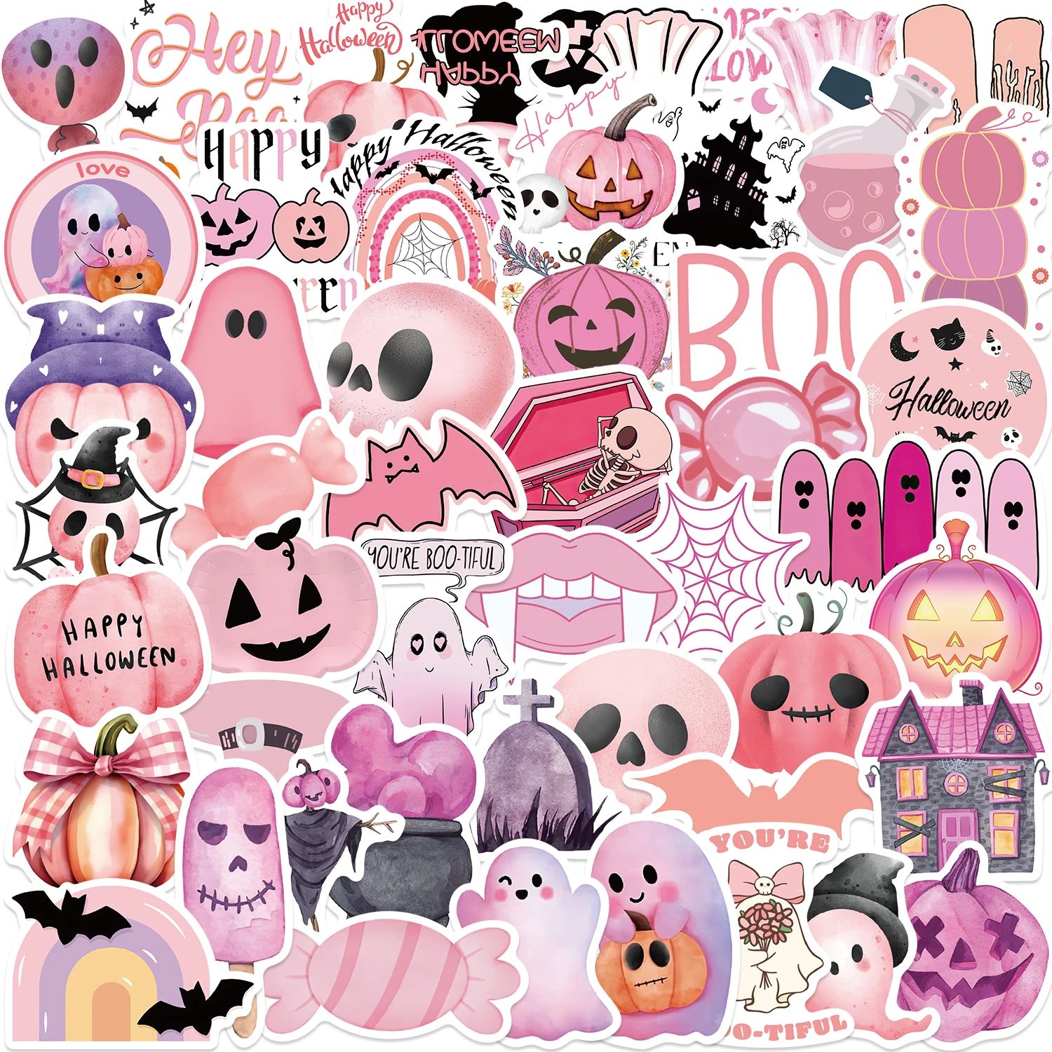 50pcs Kawaii Pink Halloween Stickers – Cute Ghost, Skull & Pumpkin Waterproof Vinyl Decals