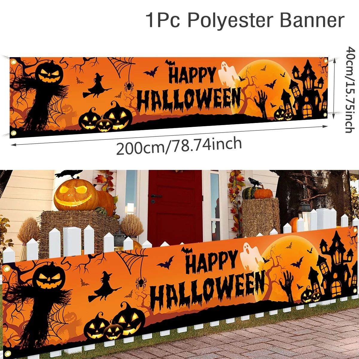 Happy Halloween Outdoor Banner – Pumpkin & Bat Party Backdrop for Home & Horror Theme Decorations