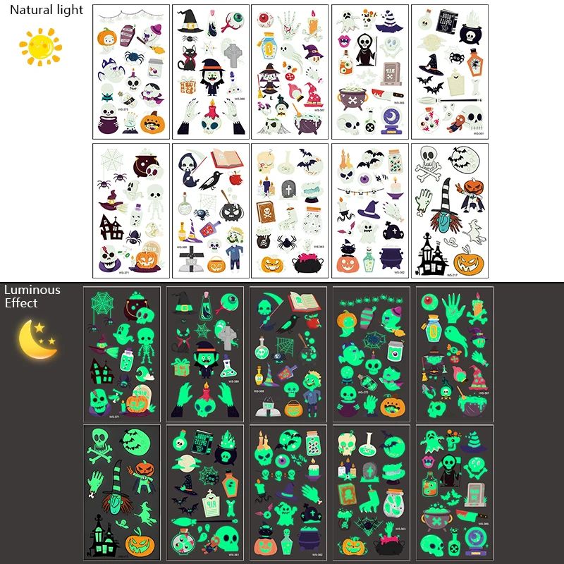 Halloween Glow in the Dark Tattoo Stickers – Ghost & Pumpkin Temporary Tattoos for Kids & Adults
