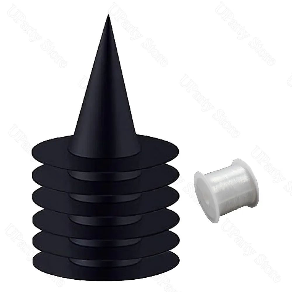 6/12pcs Halloween Black Witch Hats with Hanging Rope – Wizard Hats for Party, Porch & Outdoor Decorations