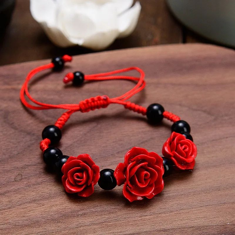 Korean Handmade Braided Rose Flower Bracelet – Boho Red Rope Beaded Bracelet for Women & Girls