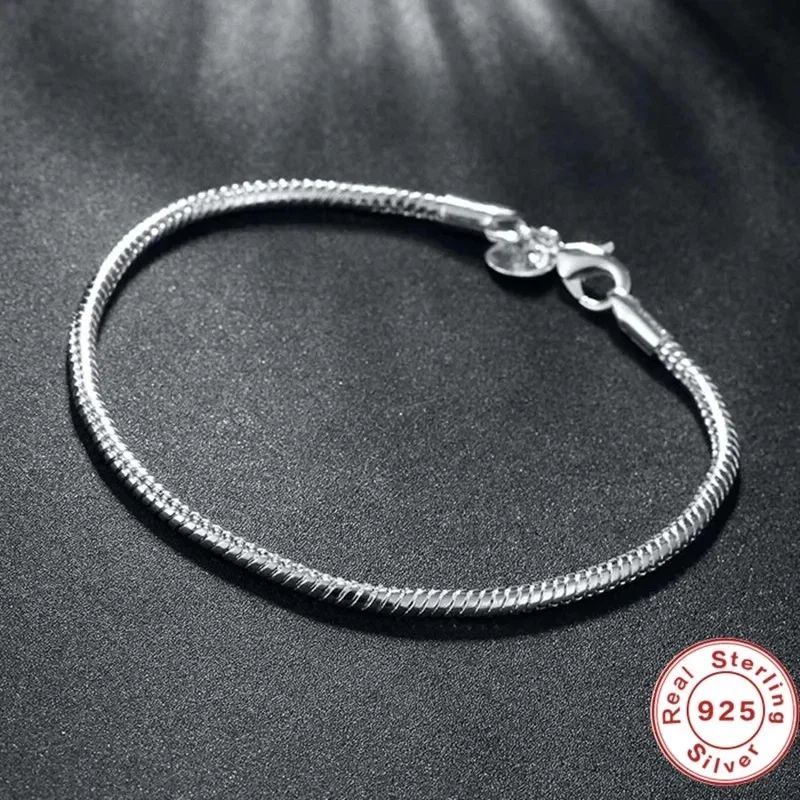 925 Sterling Silver 3 mm Snake Chain Bracelet – Unisex Italian Style Smooth Link Bracelet for Women & Men