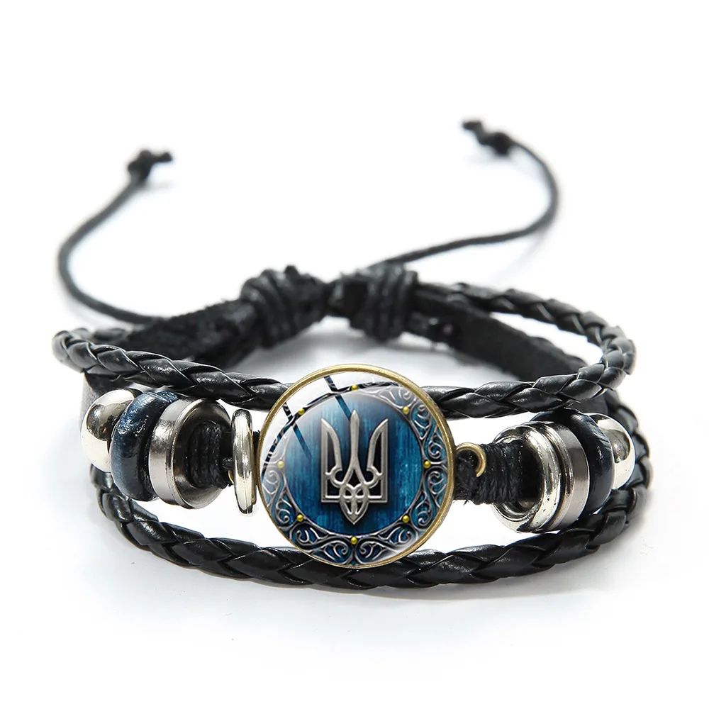 Ukrainian Flag Glass Pendant Bracelet – Handmade Blue Yellow Trident Beaded Woven Leather Bracelet