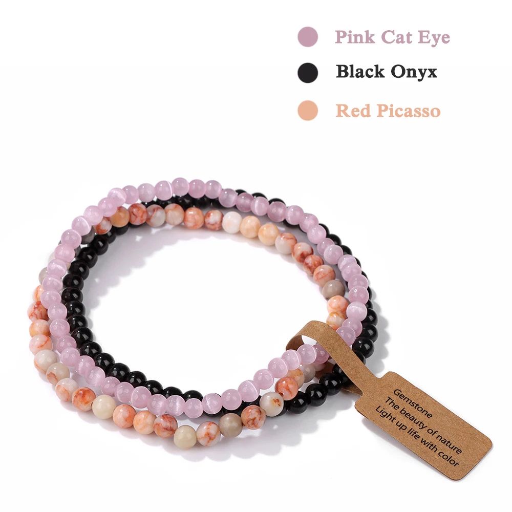 3pcs Natural Stone Bead Bracelets – 4 mm Quartz, Agate & Black Onyx Elastic Stretch Bracelets for Women & Men