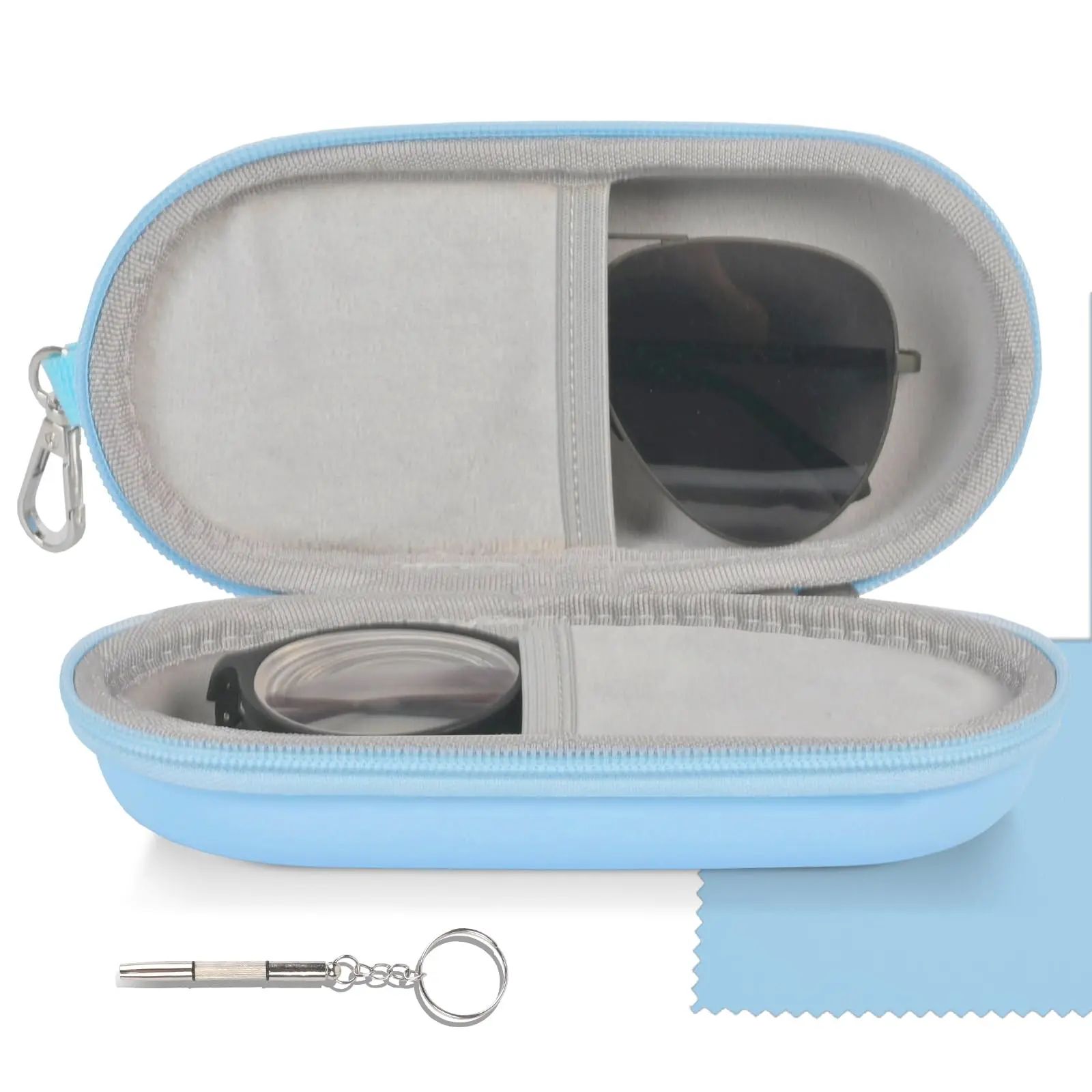 Double Eyeglasses Case – Dual Sunglasses & Eyewear Travel Organizer with EVA Hard Shell, Zipper Closure & Clip