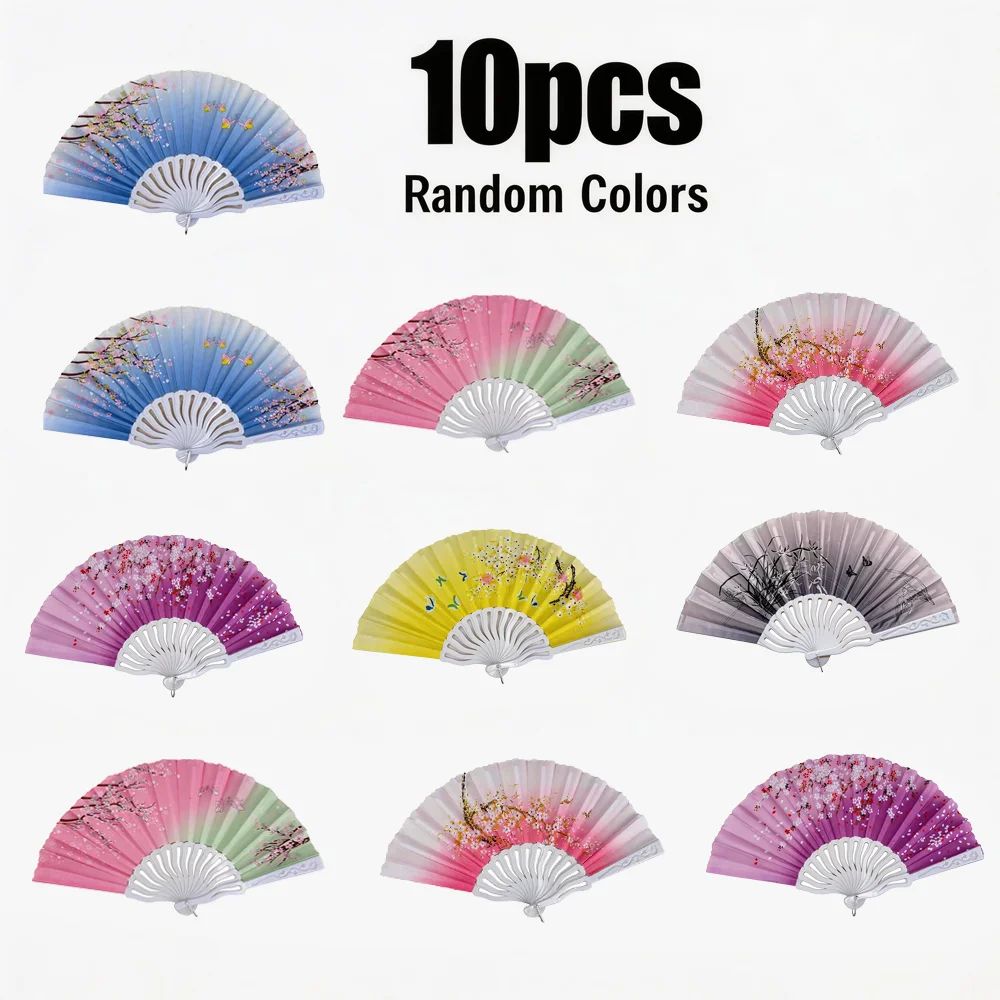10pcs Vintage Floral Folding Hand Fans – Printed Plastic Dance Fans for Parties, Photography, Home Decor & Performance P