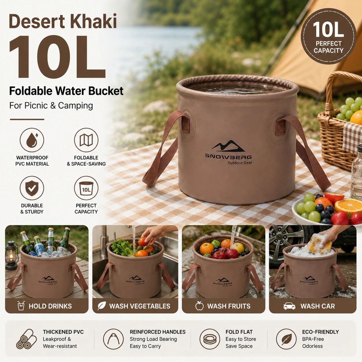 10L Portable Foldable Water Bucket – Waterproof PVC Collapsible Camping, Fishing & Outdoor Utility Pail