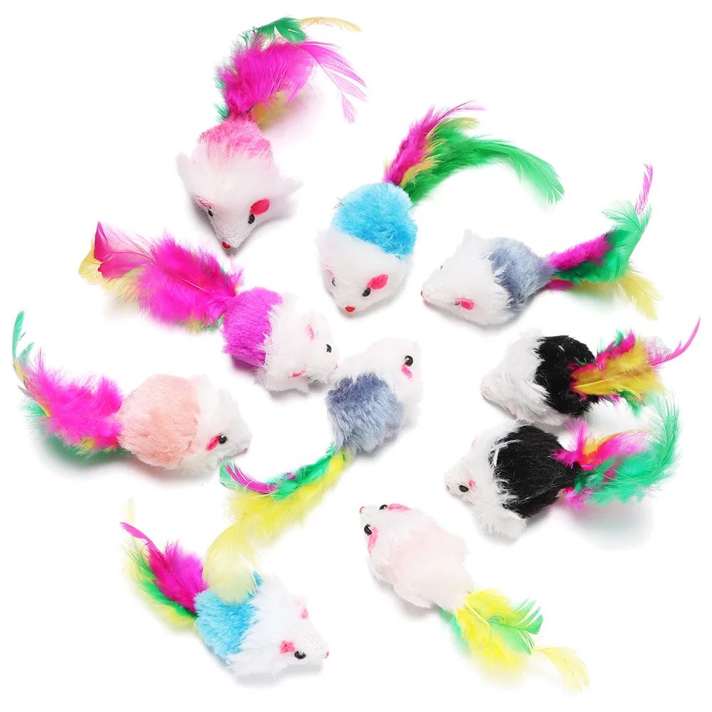 10pcs Interactive Cat Mouse Toys – Plush Rattle Mice with Feather Tails for Indoor Cats & Kittens
