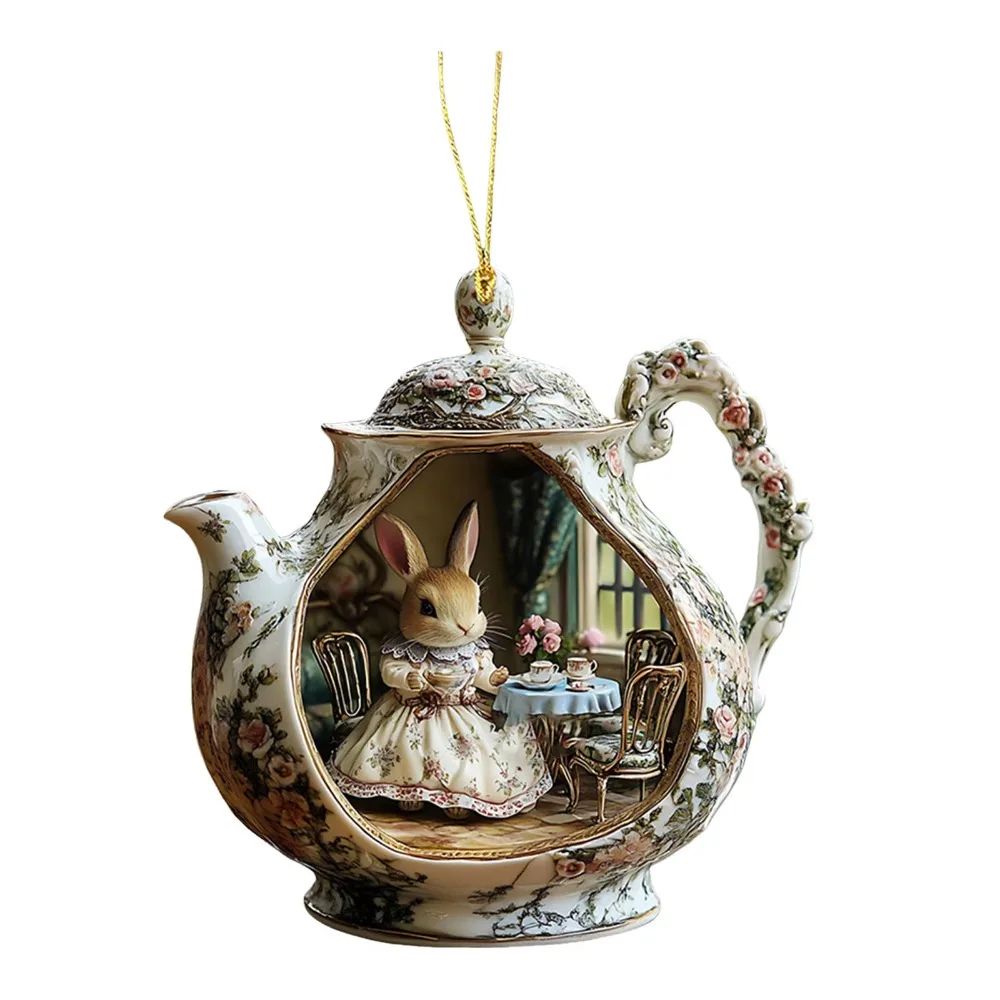 2D Acrylic Rabbit in Teacup Pendant – Cute Bunny Bag Charm, Car Hanging Ornament & Christmas Tree Decoration
