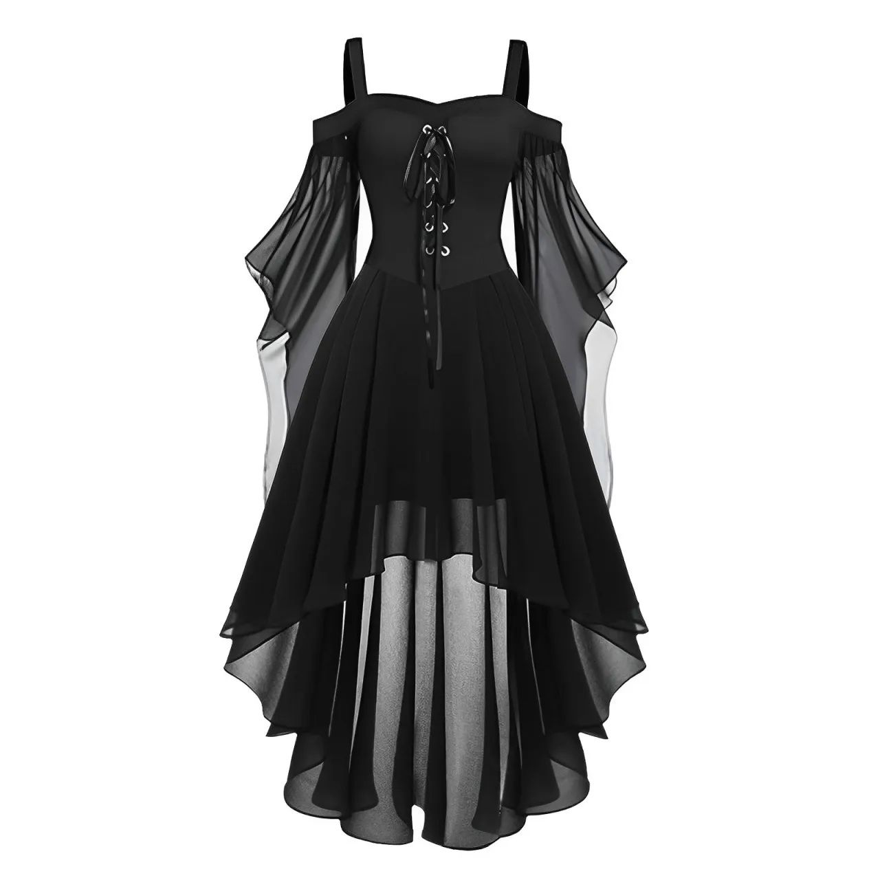 Women's Medieval Witch Dress – Plus Size Gothic Halloween Costume with Cold Shoulder Butterfly Sleeves, Carnival Outfit