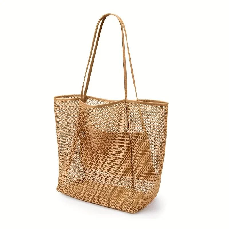 Women's Large Capacity Beach Tote Bag – Durable Polyester Woven Shoulder Carryall for Travel, Shopping & Vacation