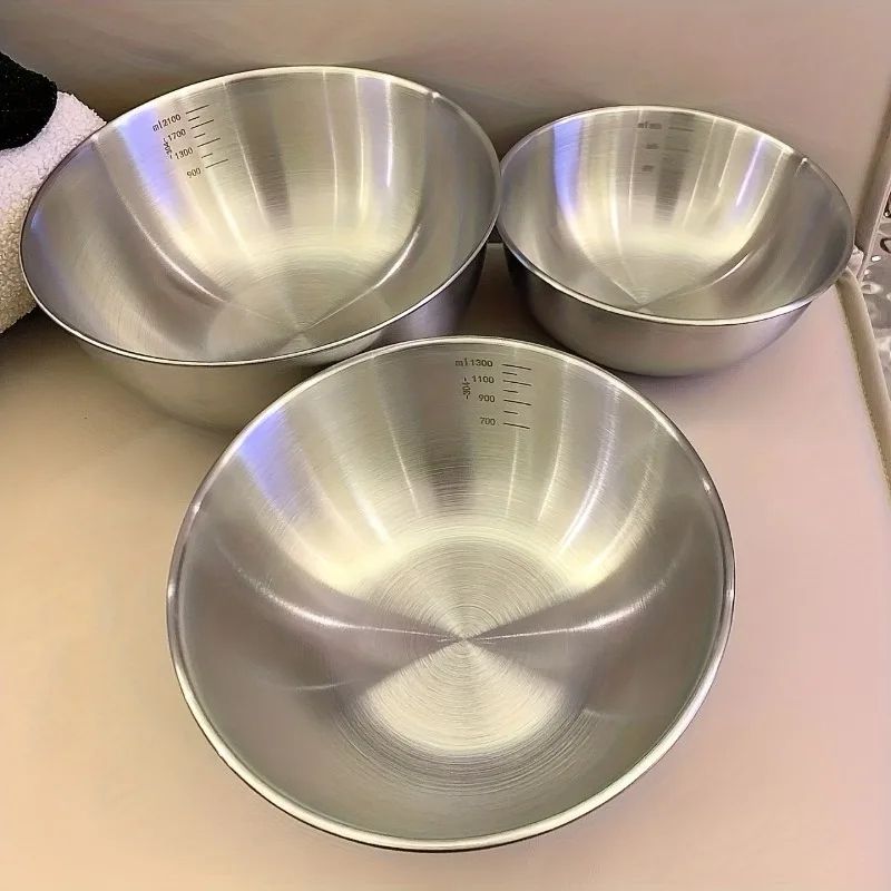 3pcs Stainless Steel Mixing Bowls – Thickened Measuring Kitchen Bowl Set for Baking, Kneading, Eggs & Food Prep