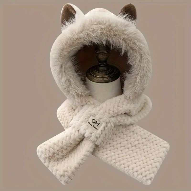 Women's Cat Ear Winter Beanie – Soft Fleece Lined Polyester Pom-Pom Hat, Cute Warm Festival Cap for Christmas Gifts